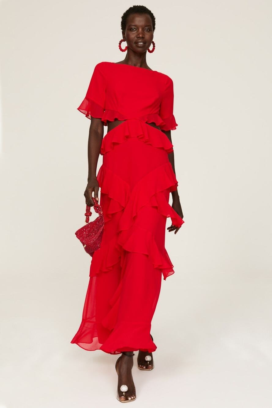 FAME & PARTNERS Red Chiffon Ruffle A-Line Mid-Cut Out Marse Gown Dress Size 2